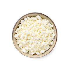 Cottage Cheese, Curd in ceramic bowl, isolated on white background. top view