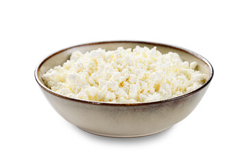 Cottage Cheese, Curd in ceramic bowl, isolated on white background