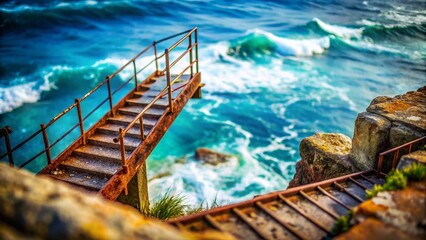 Old Rusty Metal Staircase Descending into Raging Sea - Abandoned Coastal Objects