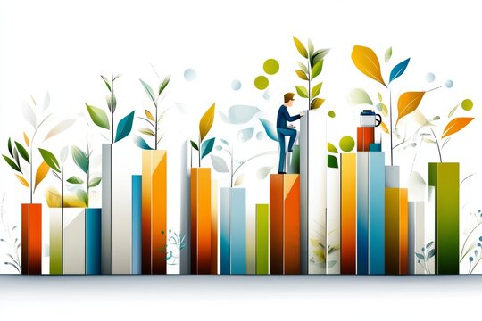 Gr&aacute;fica de barras en crecimiento con hojas verdes y un peque&ntilde;o personaje trepando por una de las columnas. Ilustraci&oacute;n vectorial plana.


