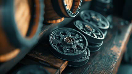 Fototapeta premium Close-up of stacked metal wheels with intricate details. Old technology concept.