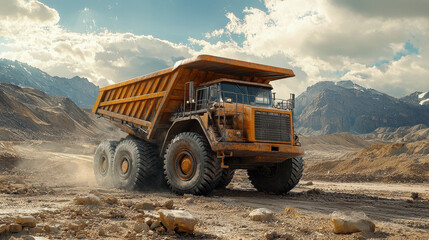 Obraz premium Massive industrial mining truck driving through rugged terrain, showcasing its powerful build against backdrop of mountains and dramatic skies