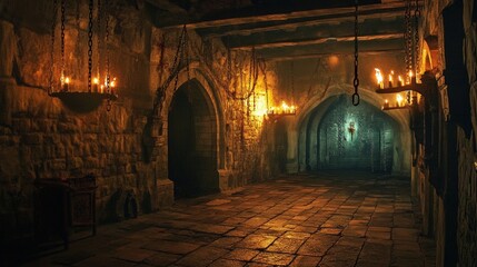 Fototapeta premium cave inside a medieval castle with chains and burning torches