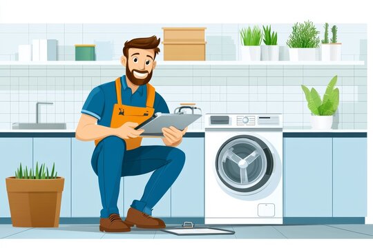 Un t&eacute;cnico sonriente usa una tablet para realizar una inspecci&oacute;n de una lavadora en una cocina moderna. Ilustraci&oacute;n vectorial plana.



