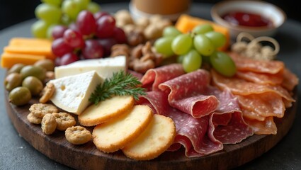 Exquisite charcuterie board with cheeses meats fruits and crackers