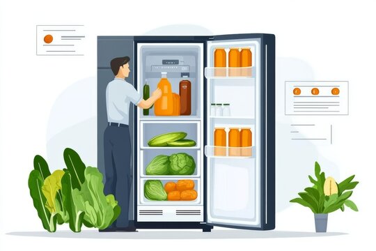 Un hombre guarda jugos y verduras en un refrigerador, rodeado de plantas. Representado en un estilo de ilustraci&oacute;n vectorial plana.

