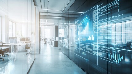 A modern fintech innovation hub, sleek office with interactive data screens, Financial style