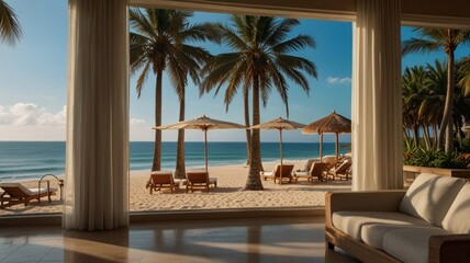 A view from a luxurious beach resort living room with white curtains and a sofa overlooking a pristine beach with palm trees and lounge chairs under umbrellas.