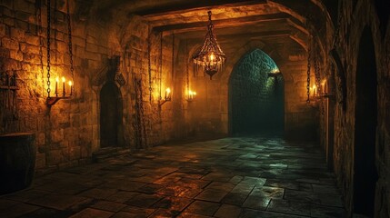 Fototapeta premium cave inside a medieval castle with chains and burning torches