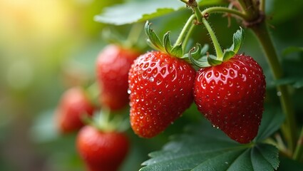 Image of Ripe strawberries with dew drops on vine in sunny garden printed on Printed Glass Basin Splashbacks