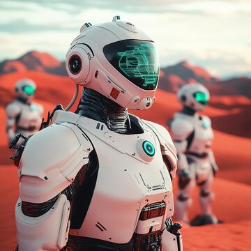 Terraforming robots, red alien desert, advanced technology, holographic interfaces