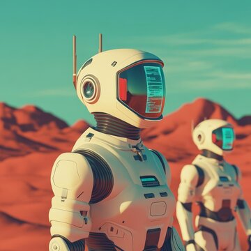 Terraforming robots, red alien desert, advanced technology, holographic interfaces