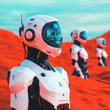 Terraforming robots, red alien desert, advanced technology, holographic interfaces