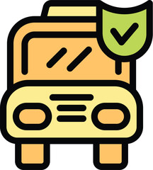 Simple colorful vector illustration of a school bus insurance protection symbol with a check mark icon