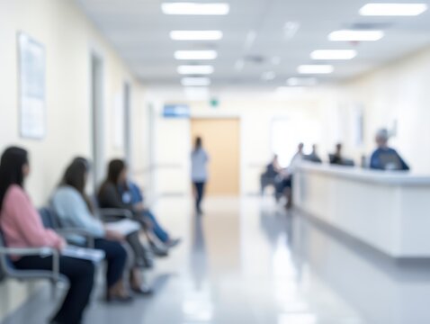 A blurred image of a hospital waiting room with patients seated and staff interacting near the reception area.