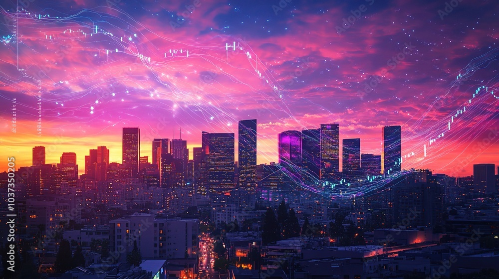 Poster Vibrant Cityscape with Digital Data Visualization