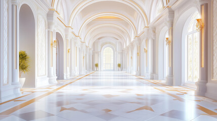 Obraz premium A long hallway with white walls and gold accents. The hallway is lit by sunlight streaming through a window.