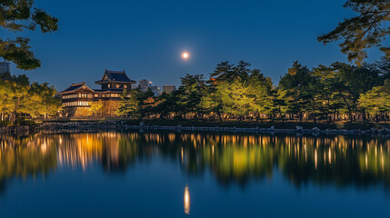 Night view of Hikone Castle during the illumination event, the castle is lit up with lights in every corner, the surrounding trees reflect the light, Ai generated images