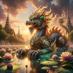 Fototapeta premium Majestic Mythical lion-Dragon: A Regal Creature with Ornate Jewel-Encrusted Shell Gliding Through a Lotus-Filled Lake Under a Glowing Sunset in a Mystical Landscape