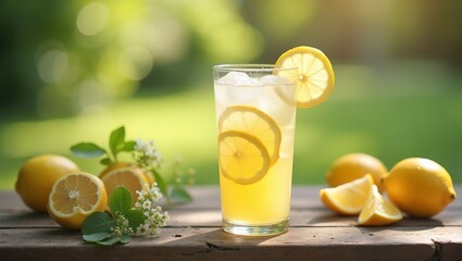 Soothing lemonade with ice and lemon slices on wooden table in summer