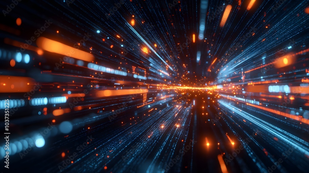 Poster a dynamic burst of light and color, simulating speed and energy in a digital space.