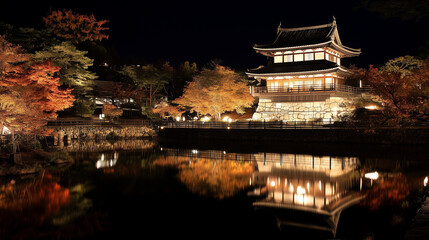 Hikone Castle Light-up, a magnificent traditional Japanese castle lit up with warm lights at night, old stone walls and distinctive roofs, Ai generated images