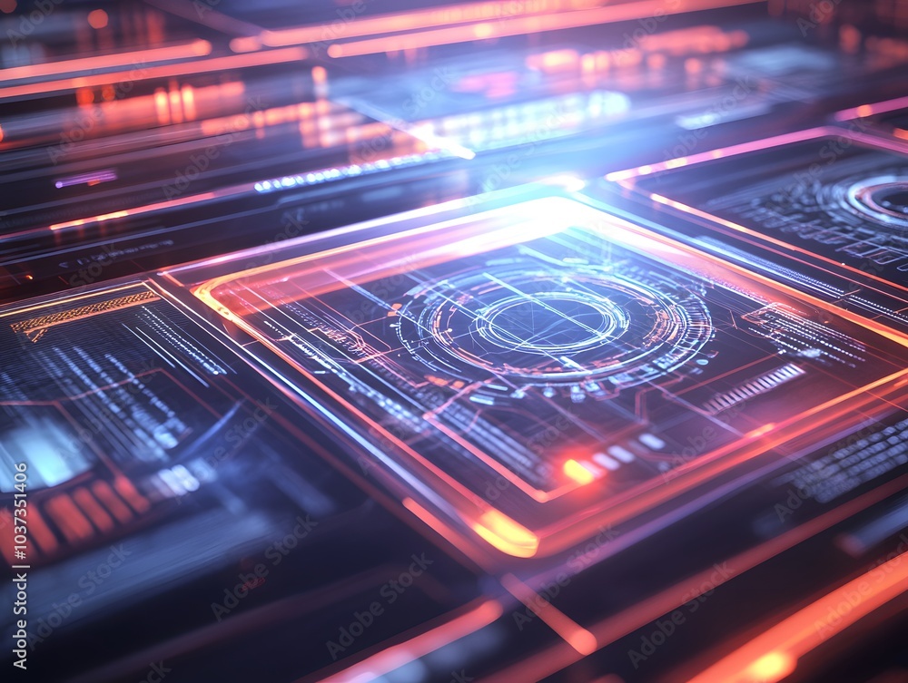 Poster a futuristic digital interface with glowing elements and intricate patterns.