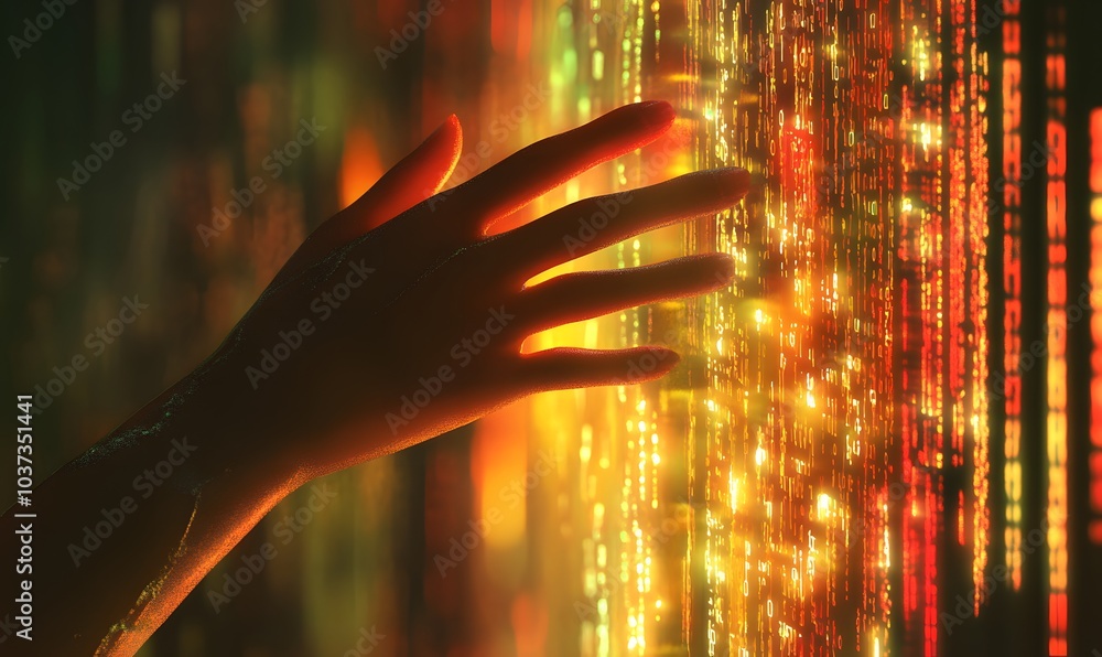 Poster A glowing hand reaches towards a shimmering digital wall filled with vibrant lights and patterns.