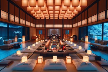 Elegant dining setup in  hall with warm lanterns illuminating a serene evening atmosphere