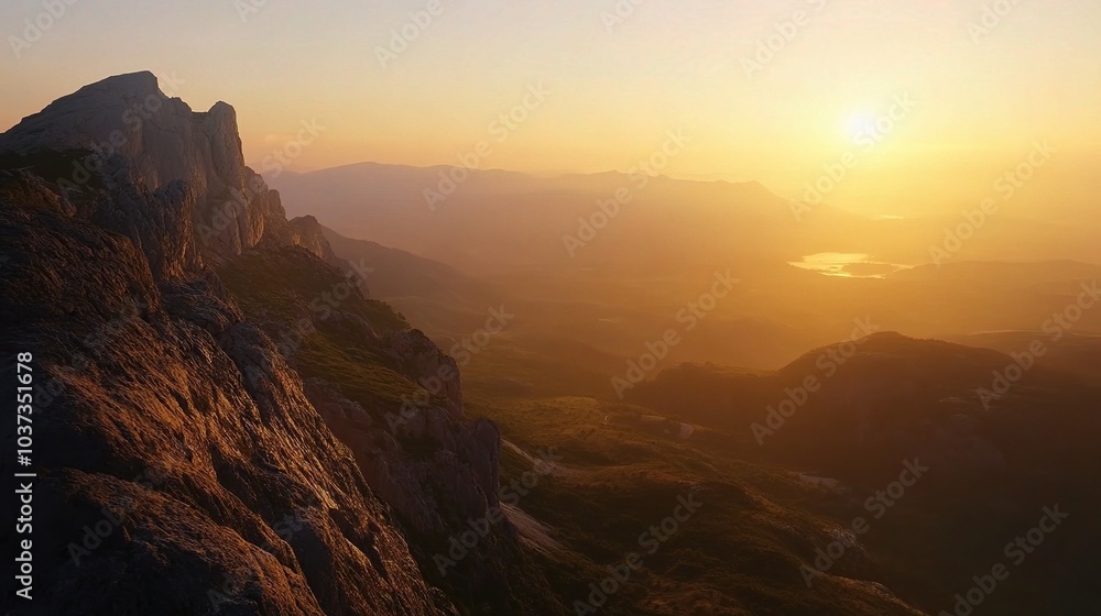 Poster Serene Mountain Sunset Overlooking Vast Landscape