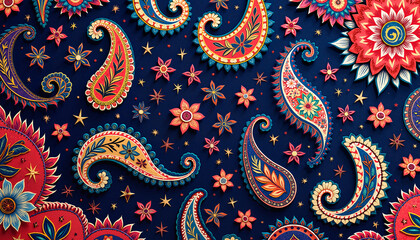 Paisley floral pattern in vibrant colors on dark blue background