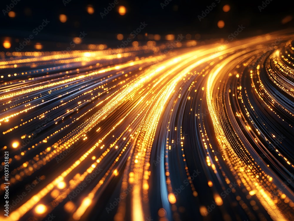Poster a dynamic flow of glowing particles resembling light trails in a dark backdrop.