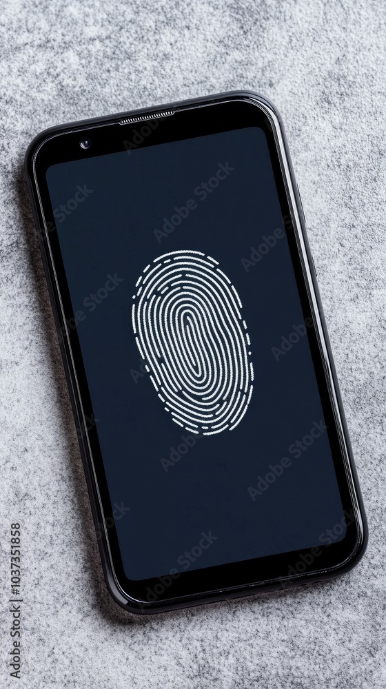Poster close-up view of a black smartphone displaying a biometric fingerprint on a blue interface against a