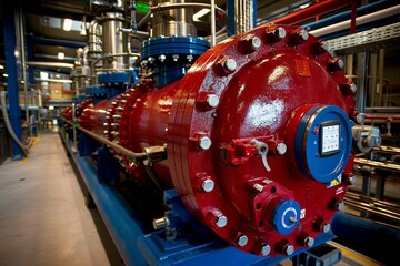 Red industrial pump equipment in a manufacturing facility with pipes and machinery in the background