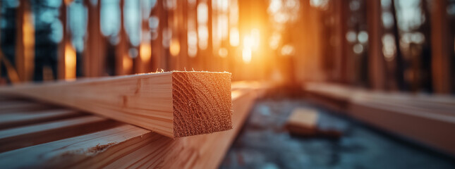 Close-up of wooden beams against a blurry sunset background.