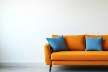 Japandi, minimalist interior design of modern living room. with orange sofa and blue pillow against mock up empty  white wall with copy space