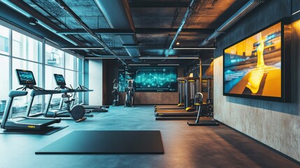 A modern gym with smart equipment and interactive fitness classes displayed on large screens, Fitness innovation theme, Energizing style