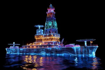 A brightly illuminated lighthouse on the water during a nighttime festival showcasing stunning light displays