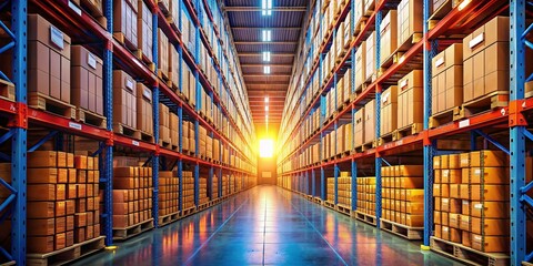 Fototapeta premium Passage Between Storage Racks with Packages in a Warehouse Setting for Industrial and Logistics Photography
