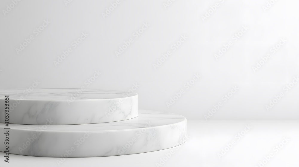 Poster a minimalist display featuring two circular marble platforms against a plain background.