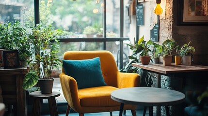 Fototapeta premium Cozy Indoor Space with Plants and Comfortable Seating