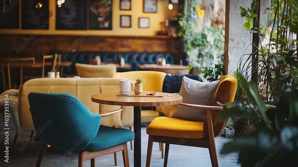 Poster Cozy Cafe Setting with Colorful Chairs and Plants