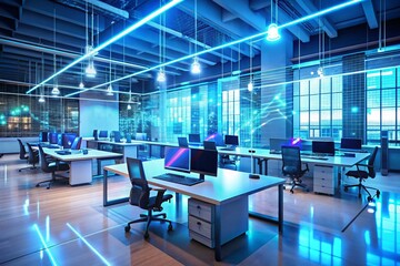 Modern neon cyberpunk open space office interior blurred with information technology overlay Corpora