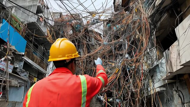 A person in safety gear examines tangled electrical wires between buildings.