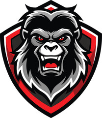 Ferocious Gorilla Mascot Logo: A fierce and powerful gorilla head emblem, emblazoned on a bold red and black shield, exudes aggression and dominance.
