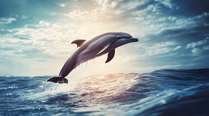 A Stunning Photo Realistic Image Featuring a Playful Dolphin Jumping from Ocean Waves with Reflections of Sunlight