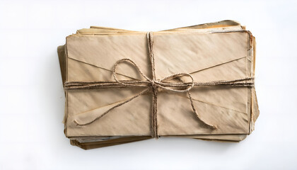 A collection of old, vintage envelopes tied together with twine, placed on a white background. Ideal for evoking nostalgia, history, and traditional correspondence.