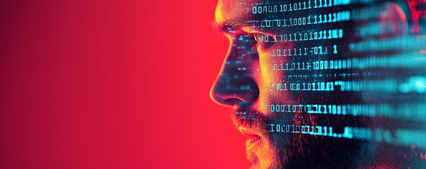 A digital portrait of a man in profile with glowing binary code and vibrant colors, symbolizing technology and data analysis.