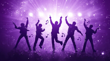 Vibrant Vector Illustration of a Boy Band: Dynamic Silhouettes, Purple and Silver Color Scheme, Musical Notes, and Spotlight Beams in a Minimalist Composition.