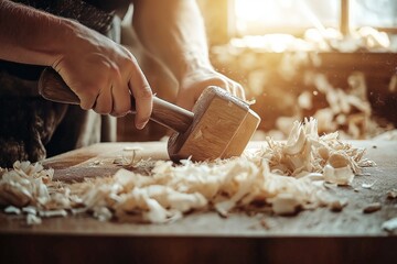 Carpenter using a mallet to chisel wood, creating shavings on the workbench, warm sunlight streaming in the workshop, showcasing craftsmanship and skill, selective focus

